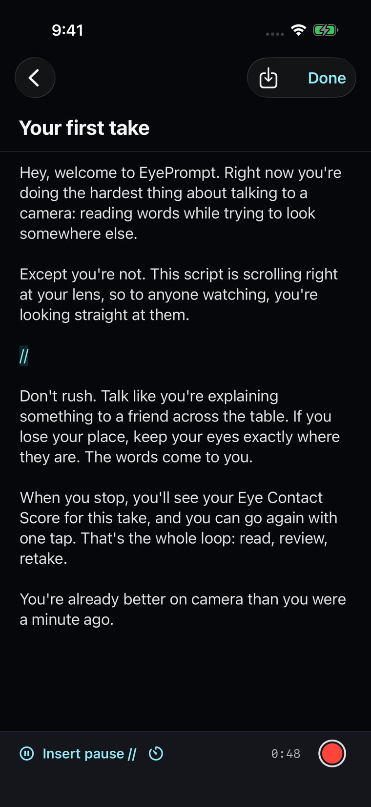 The EyePrompt script editor: the script, a pause marker, the run time and Insert pause