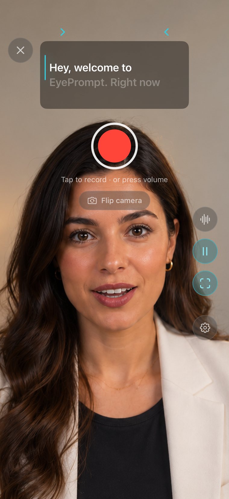 The EyePrompt recording screen: the script in a band right under the front camera, above the person speaking