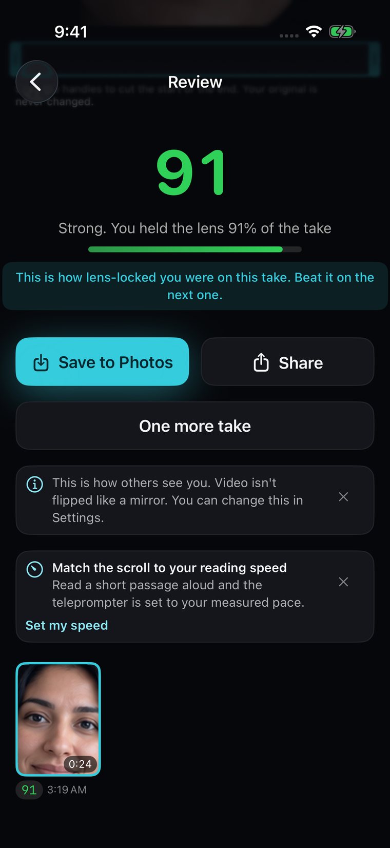 The EyePrompt review screen: an Eye Contact Score of 91, with Save to Photos, Share and One more take