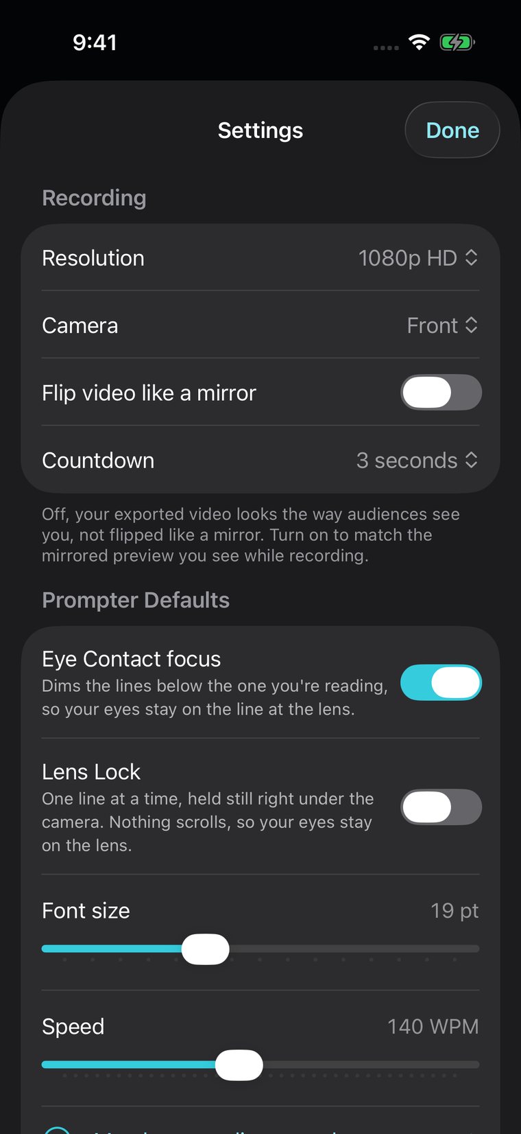 EyePrompt settings: recording resolution, camera, mirroring and countdown, then the prompter defaults