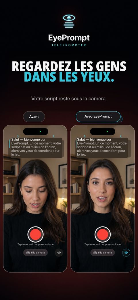 EyePrompt avant et après : avec le texte au milieu de l'écran, le regard descend ; avec EyePrompt, il reste sur l'objectif