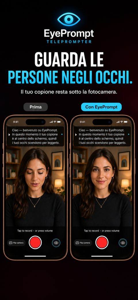EyePrompt prima e dopo: con il testo a metà schermo lo sguardo scende, con EyePrompt resta sull'obiettivo
