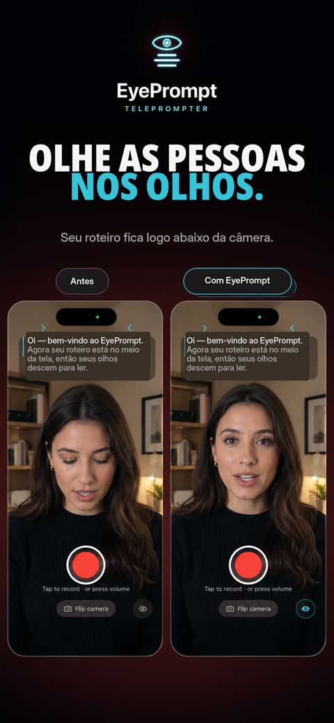 EyePrompt antes e depois: com o texto no meio da tela o olhar desce; com o EyePrompt ele fica na lente