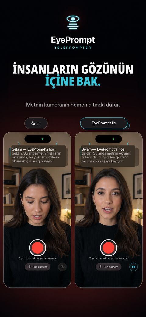 EyePrompt öncesi ve sonrası: metin ekranın ortasındayken gözler aşağı iner, EyePrompt ile lense bakar