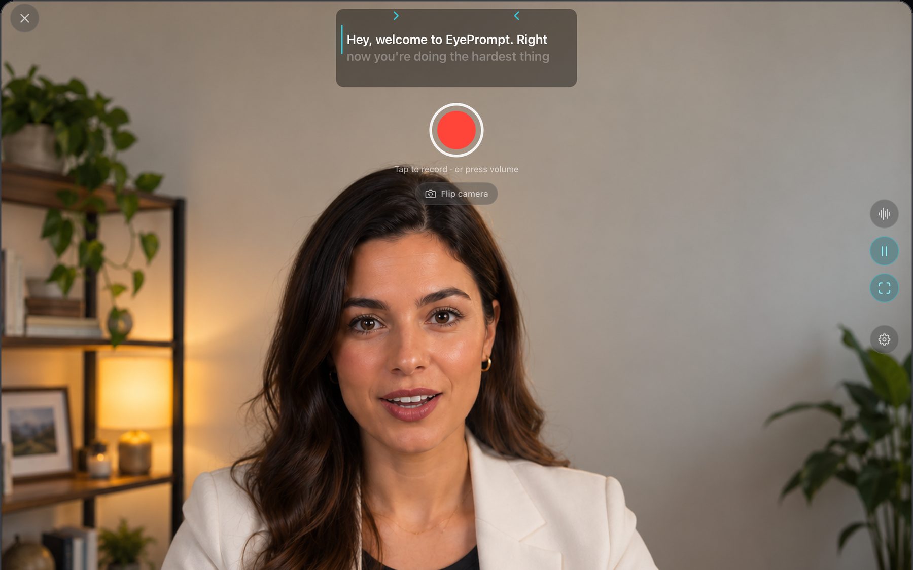 EyePrompt on iPad in landscape: the script in a band under the camera, above a woman speaking straight to the lens
