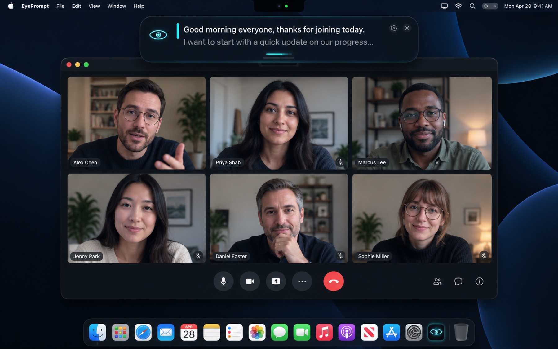 The EyePrompt reading band floating under the Mac's camera, above a six-person video call