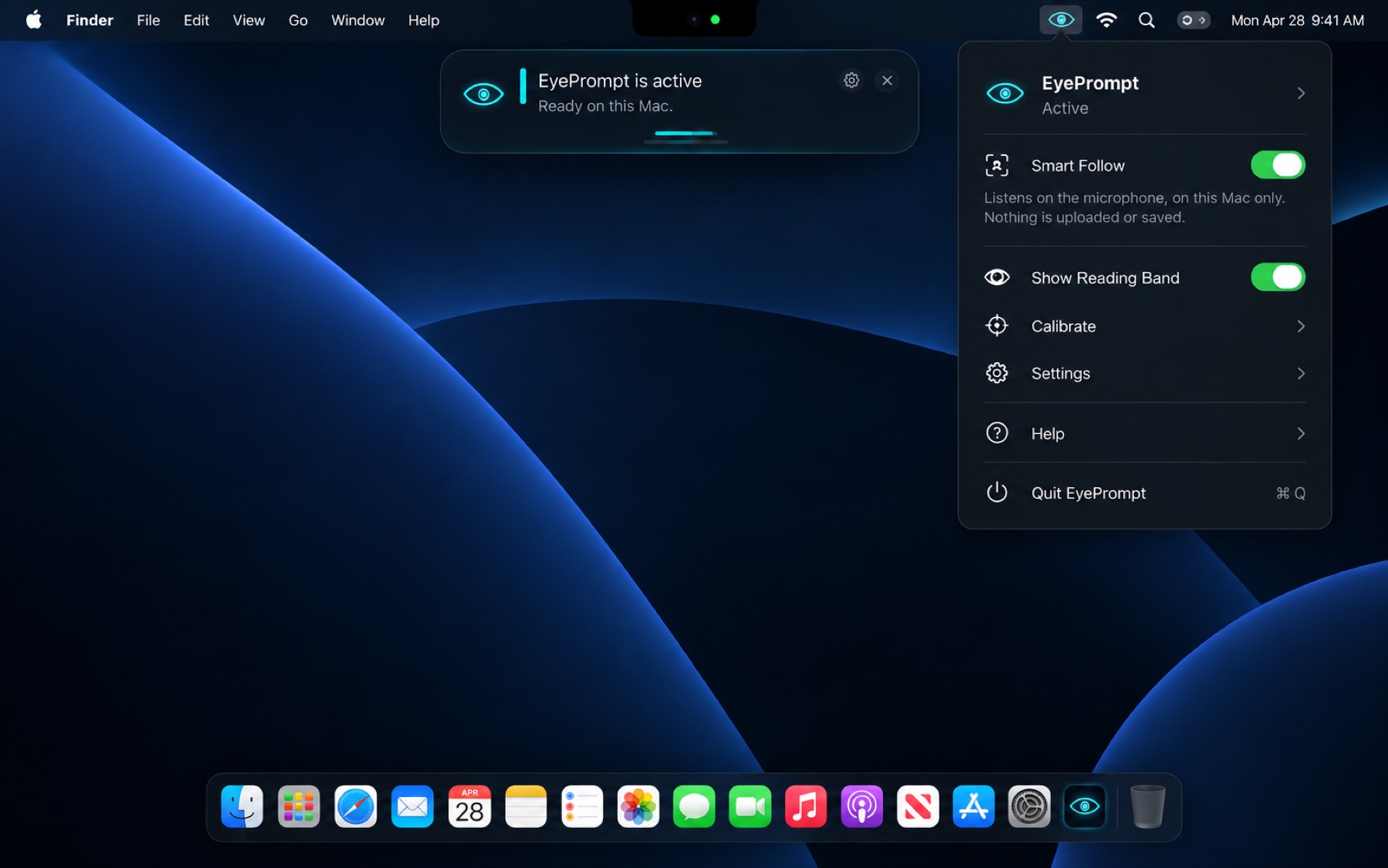 The EyePrompt menu bar eye with Smart Follow, the reading band, calibration and settings