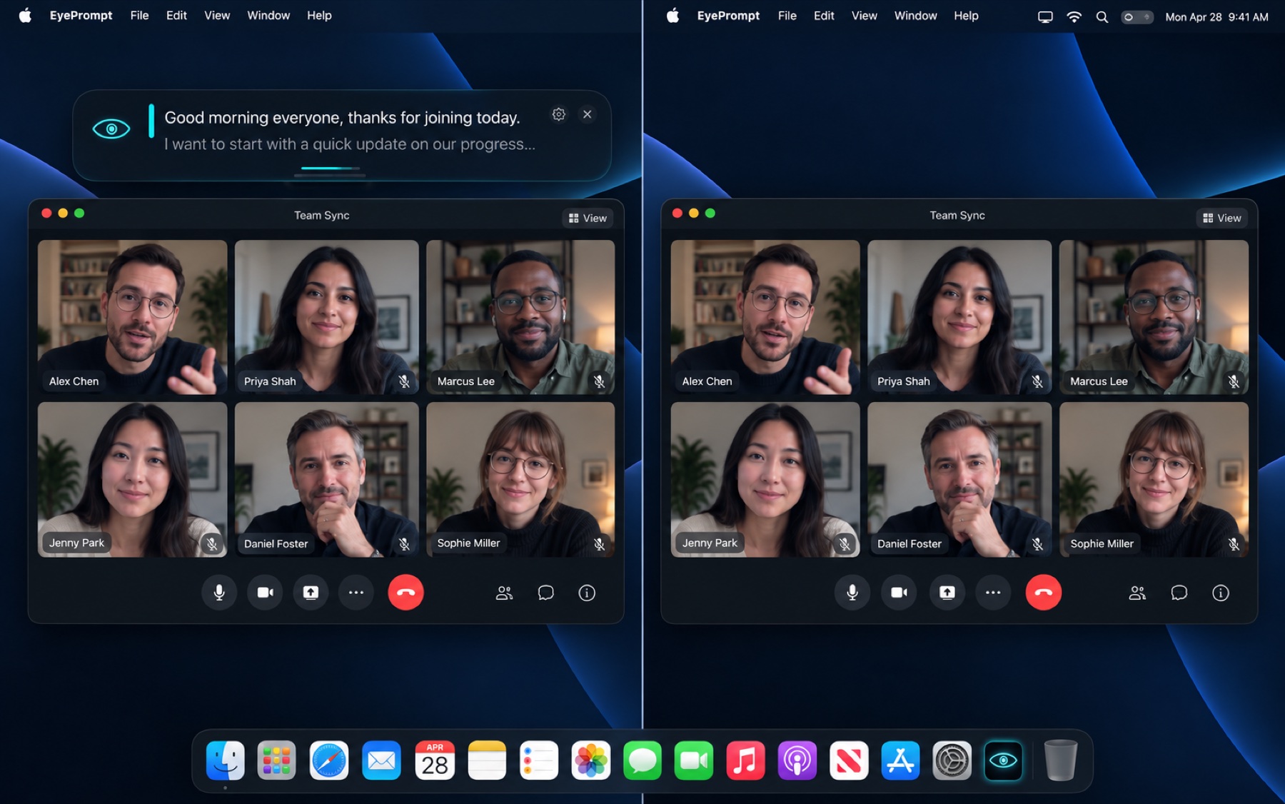 The same call twice: your screen with the reading band, and the shared view without it