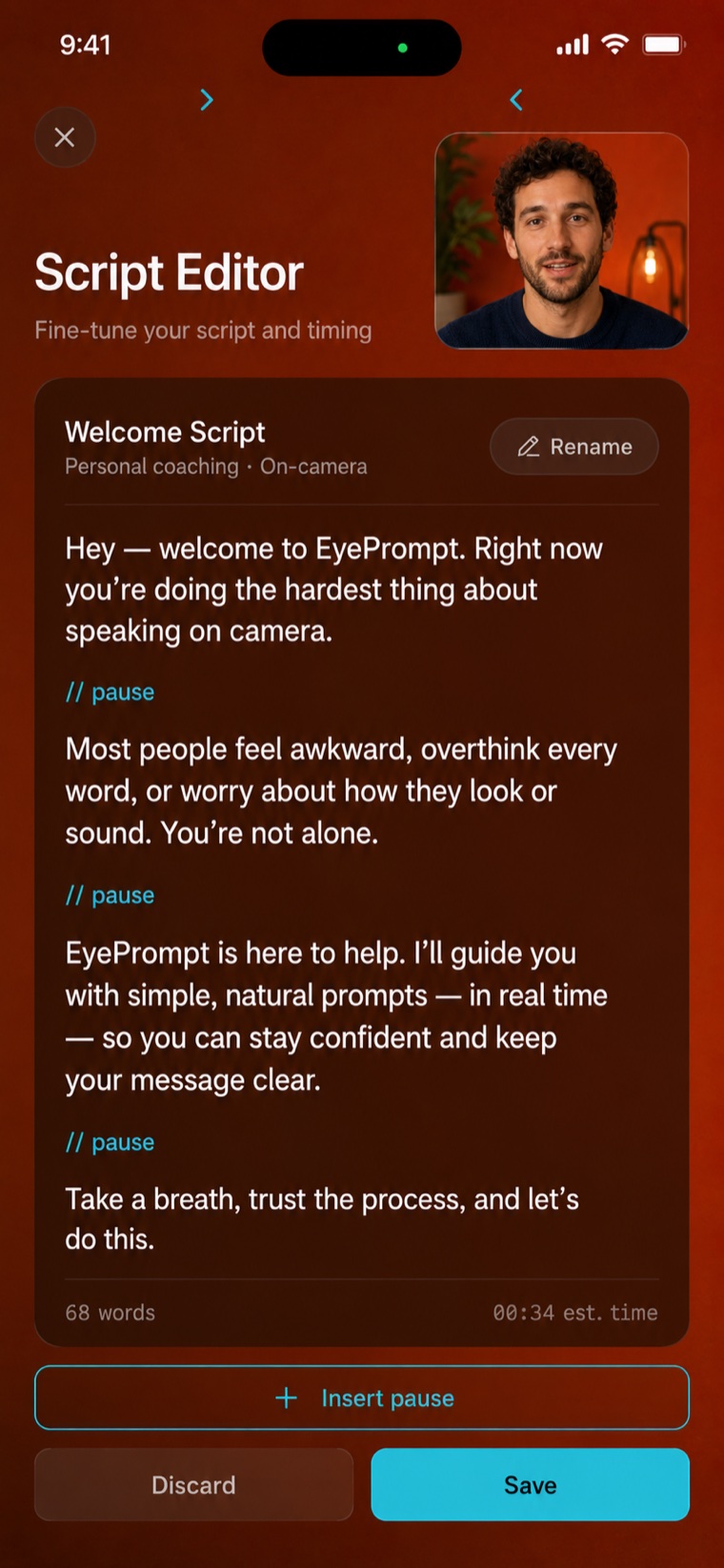 EyePrompt script editor showing pause markers, word count and run time