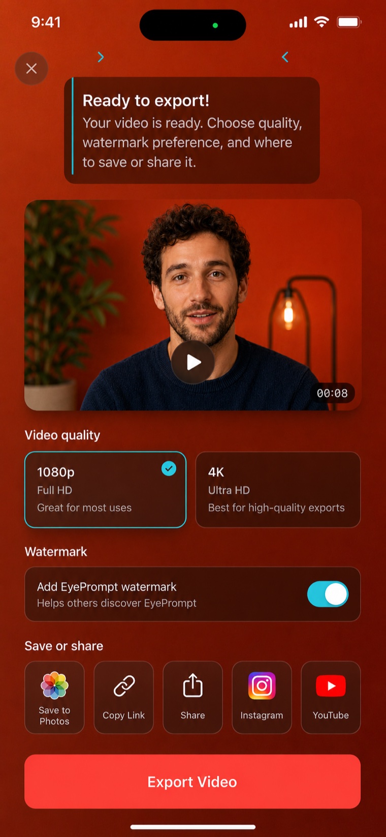 EyePrompt export screen with 1080p and 4K options and a watermark toggle