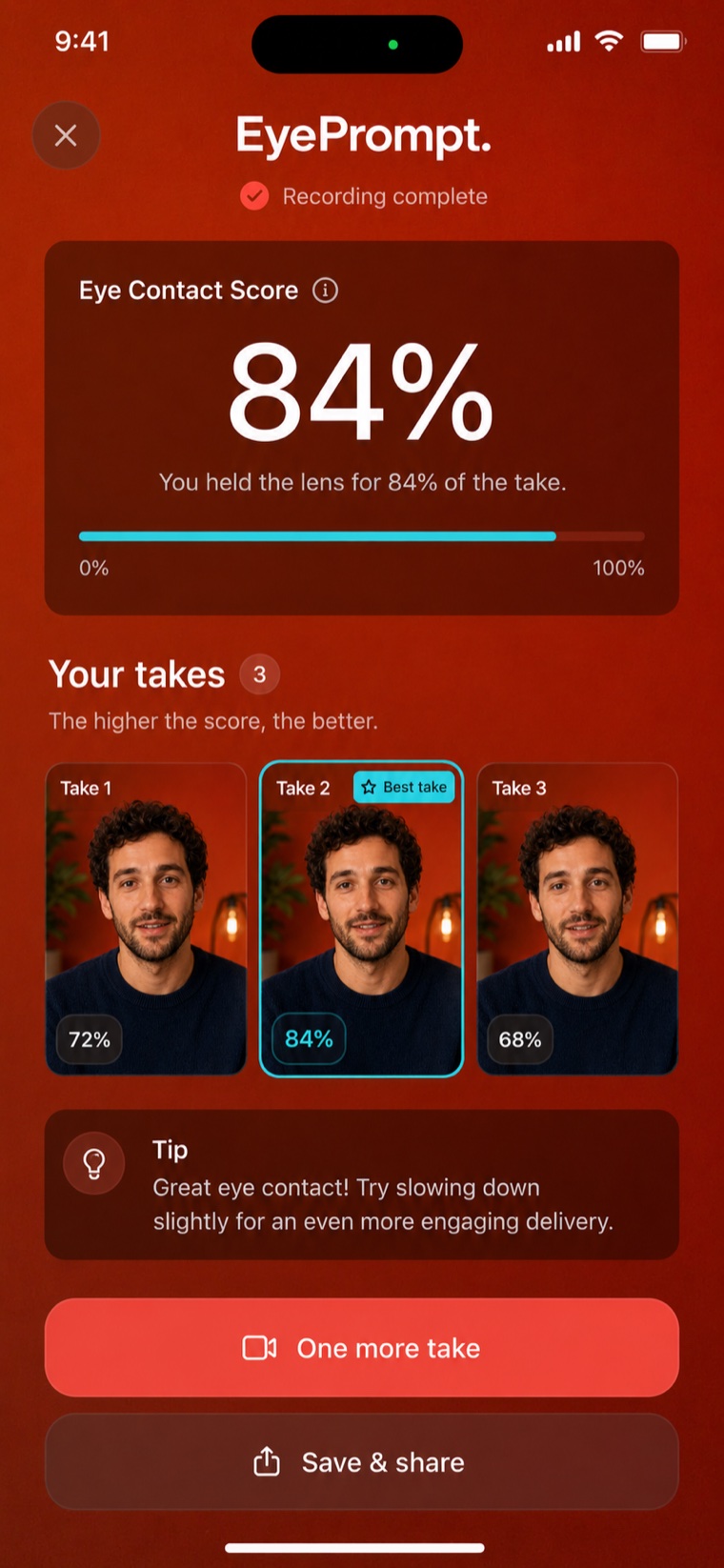 EyePrompt Eye Contact Score of 84 percent with three takes to compare